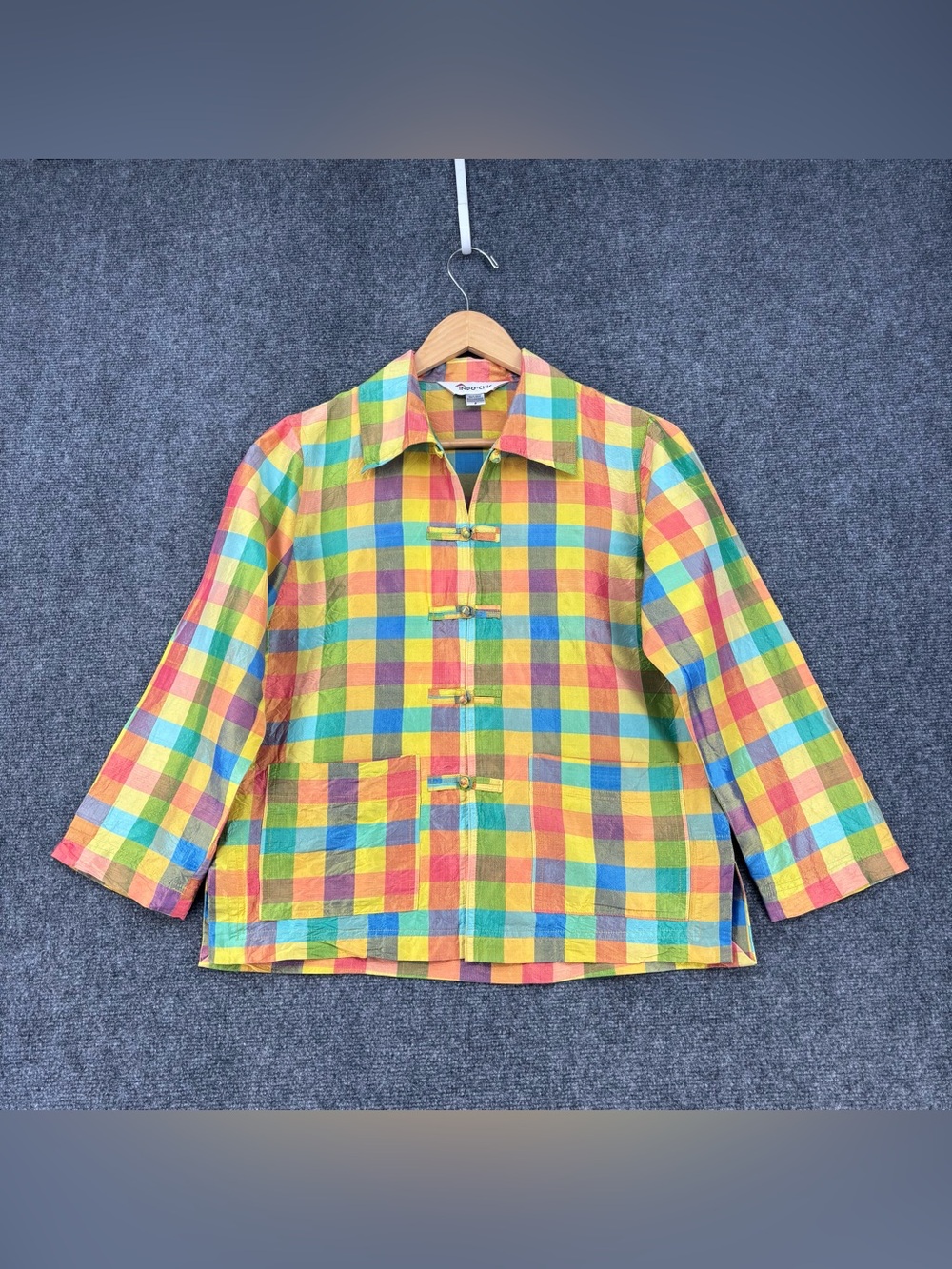 VTG Indo Chic Rainbow Silk Madras Plaid Jacket Women’s Petite Small